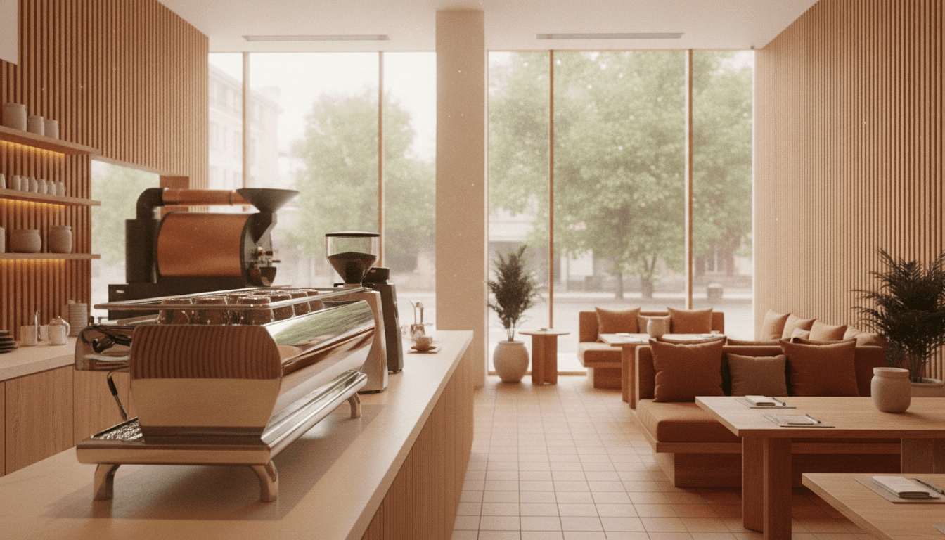 Inside the warm Ember & Oak coffee roastery and cafe